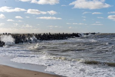 Dalgalar, gri beton tetrapodlardan oluşan dalgalara çarpıyor. Liepaja, Letonya. Liepjas Ziemelu mol