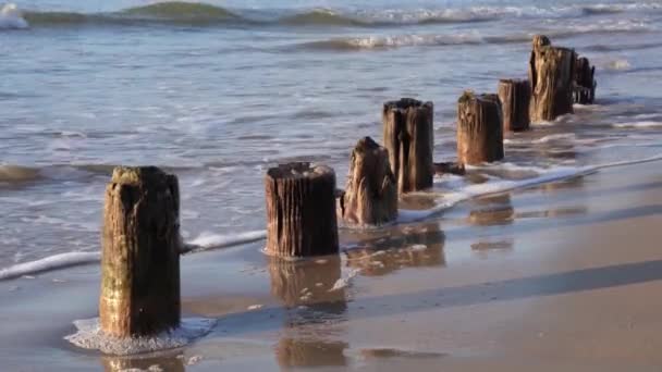 Wellen Plätschern Gegen Alte Überreste Einer Hölzernen Buhne — Stockvideo