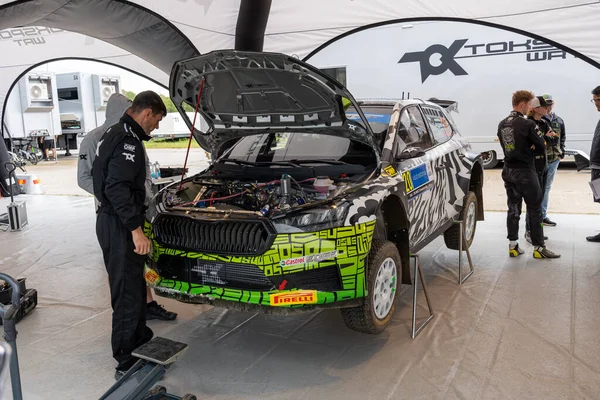 stock image Tartu, Estonia - 07.20.2023: Oliver Solberg and Elliott Edmondson WRC car at WRC Rally Estonia 2023 service park