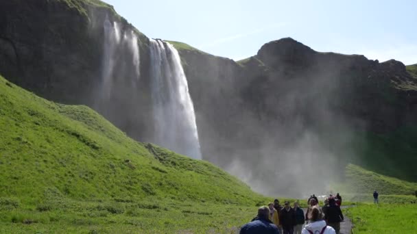 Seljalandsfoss Islandia 2023 Turistas Caminando Por Sendero Junto Cascada Seljalandsfoss — Vídeos de Stock