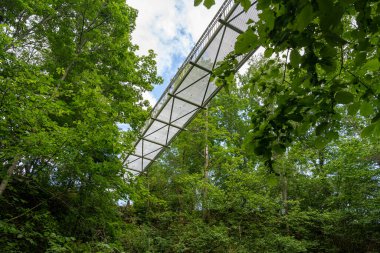 Yeşil doğa üzerindeki yaya metal şebeke köprüsünün altından görüntüle