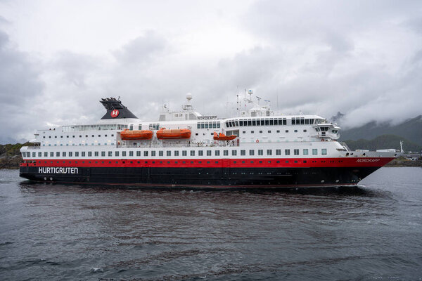 Svolvaer, Norway - 07.06.2024: MS Nordkapp Hurtigruten ship in Svolvaer, Norway