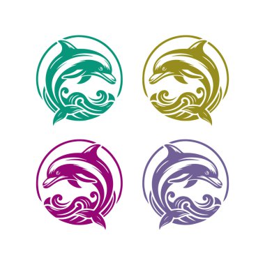 Yeşil, sarı, mor ve mavi kabile dalga tasarımlı yunus logoları.