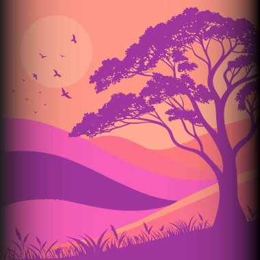 Sıcak, aydınlık bir günbatımına karşı siluetli bir ağacın yer aldığı sakin bir manzara. Kuşlar zarif bir şekilde havada süzülür, canlı mor ve pembe renklerle dolu dinamik ve sakin bir sahne yaratır..