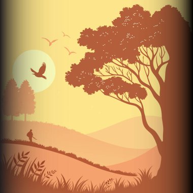 Sakin bir nehrin kenarında, sıcak, altın bir günbatımının altında balık tutan bir adamın olduğu sakin bir açık hava sahnesi. Kuşlar zarif bir şekilde havada süzülür ve ağaçların silueti bu sakin manzaraya derinlik katar..