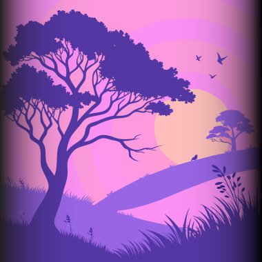 Yumuşak, lavantalı bir günbatımına karşı heybetli bir ağacın siluetini barındıran huzurlu bir manzara. Kuşlar zarif bir şekilde havada süzülür, sakin ve resimsel bir sahne oluşturur, sakinleştirici mor renklerle dolu..