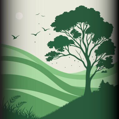 Yeşil tepelerin arasında gururla duran uzun, gür bir ağacın olduğu huzurlu bir manzara. Kuşlar zarif bir şekilde havada süzülür, sakin ve uyumlu bir doğal ortam yaratır..