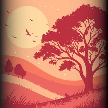 Sıcak, ateşli bir günbatımına karşı uzanan, canlı kırmızı yapraklı, yüksek bir ağacın bulunduğu sakin bir manzara. Kuşlar zarif bir şekilde havada süzülür, sakin ve resimsel bir sahne yaratır..