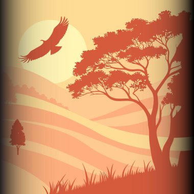 Canlı bir günbatımına karşı zarif bir şekilde süzülen bir kartal silueti. Sahnede, ön planda sıcak turuncu ve kırmızı renkleri çarpıcı ve sakin bir manzara yaratan görkemli bir ağaç yer alıyor..