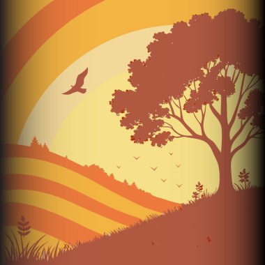 Ilık ve dingin bir sonbahar sahnesi, parlak bir günbatımına karşı alevli portakal yaprakları olan görkemli bir ağacın sahnesi. Kuşlar zarif bir şekilde havada süzülür, huzurlu ve resimsel bir manzara yaratır..