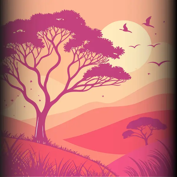 Sıcak, aydınlık bir günbatımına karşı siluetli ağaçların yer aldığı çarpıcı bir manzara. Kuşlar zarif bir şekilde havada süzülür, canlı pembe ve turuncu renklerle dolu dinamik ve dingin bir sahne yaratır..