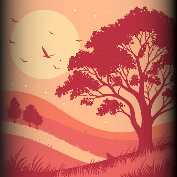 Sıcak, ateşli bir günbatımına karşı uzanan, canlı kırmızı yapraklı, yüksek bir ağacın bulunduğu sakin bir manzara. Kuşlar zarif bir şekilde havada süzülür, sakin ve resimsel bir sahne yaratır..