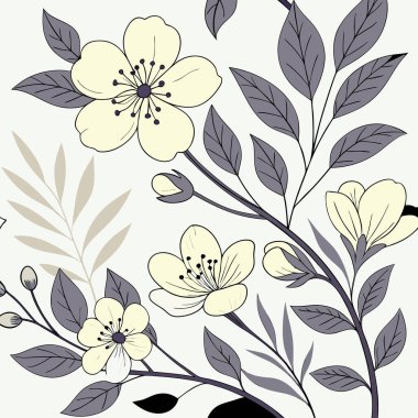 Yumuşak, gri ve siyah yapraklı sarı çiçeklerin bulunduğu sofistike bir çiçek çizimi, temiz beyaz bir arkaplan üzerine kurulmuş. Markalaşma, grafik tasarım veya zarif bir dekoratif element olarak kullanmak için ideal.