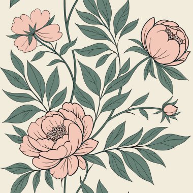 Canlı pembe şakayıklar ve yumuşak yeşil yapraklar içeren büyüleyici bir tasarım zarif ve canlı bir botanik sahnesi yaratıyor..