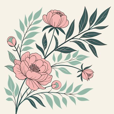 Canlı pembe şakayıklar ve gür yeşil yapraklar içeren büyüleyici bir tasarım zarif ve canlı bir botanik sahnesi yaratıyor..