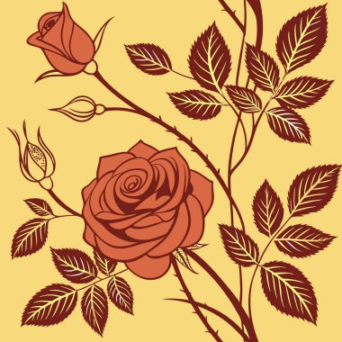 Zarif ve sıcak bir botanik sahnesi yaratan koyu kırmızı güller ve zengin kahverengi yapraklar içeren çarpıcı bir tasarım..