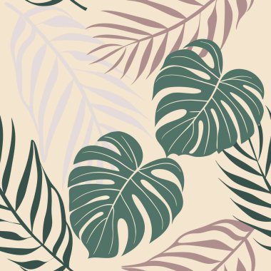 Monstera ve palmiye yapraklarının sessiz yeşil ve bej tonlarda olduğu modern ve şık bir tropikal yaprak deseni iç tasarım grafik elementlerinde kullanılmak için mükemmeldir ya da markalaşma malzemeleri için bir zemin olarak.