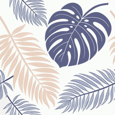 Yeşil, mavi ve mercan tonlarında avuçlar ve canavarlar içeren tropikal yaprakların yaratıcı ve şık bir düzenlemesi grafik tasarım projeleri için mükemmel markalaştırma malzemeleri veya dekoratif sanat