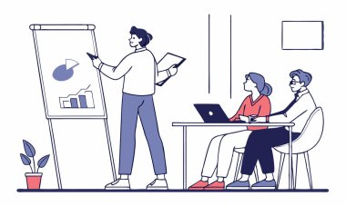 Ofis toplantı odasındaki çizelgeleri inceleyen bir iş ekibinin resmi..