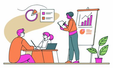 Ofis toplantı odasında bitki ve modern bir dekorla veri sunan bir iş ekibinin tasviri..