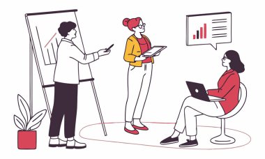 Bir sunucunun sehpada verileri açıkladığı profesyonel bir toplantı sahnesi. Bu sırada iki meslektaşım aktif olarak bağlanıyor, not alıyor ve dizüstü bilgisayar kullanıyor. İş, takım çalışması veya iletişim kavramları için ideal.