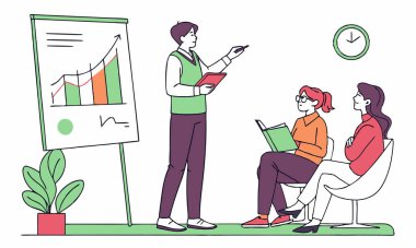 Meslektaşlar dinlerken ve not alırken bir sunucu sehpadaki veri eğilimlerini açıklar. Takım çalışması kavramları için mükemmel..