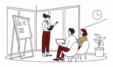 Toplantı odasında saat, bitki ve büyük pencereli görevler üzerinde çalışan bir ofis ekibinin tasviri.