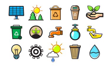 Vektör illüstrasyonunda sürdürülebilirliği desteklemek için güneş enerjisi, geri dönüşüm ve su korunumu gibi çevre dostu uygulamalar gösteriliyor. Ölçeklenebilir elementlerle temiz tasarım 