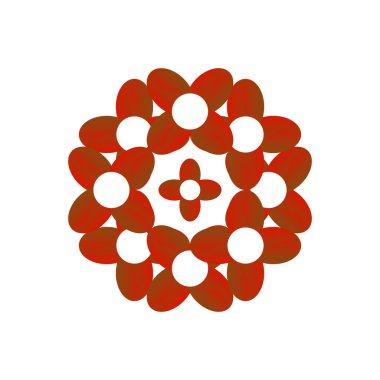 Süslü, kırmızı ve kahverengi yapraklardan oluşan soyut bir dairesel desen veya temiz beyaz arka planda beyaz aksanlı yapraklar, çiçek ve geometrik tasarımlar için idealdir..