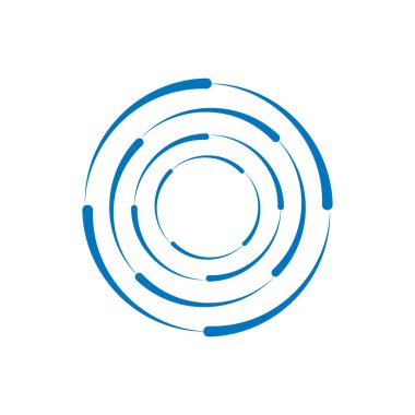 Özmerkezli mavi dairelerin yer aldığı modern bir soyut dijital sanat eseri temiz beyaz arka planda dinamik bir girdap yaratıyor, teknoloji ve veri akışı kavramları için ideal..