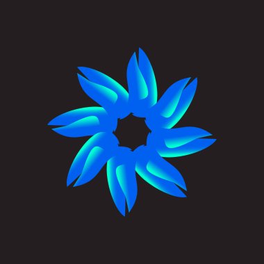 Parlak, soyut bir dijital sanat eseri. Mavi ve gök mavisi aleve benzer taç yapraklarının simetrik bir dizaynını içeriyor. Parlak, siyah bir arka planda enerjik bir çiçek mandalası oluşturuyor..