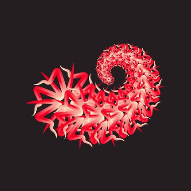 Dinamik bir soyut dijital sanat eseri, parlak siyah arkaplan üzerinde kıvrımlı kırmızı ve beyaz noktalı elementler içeren, ateşli enerjiyi, büyümeyi ve sürekli hareketi sembolize eden bir sarmal..