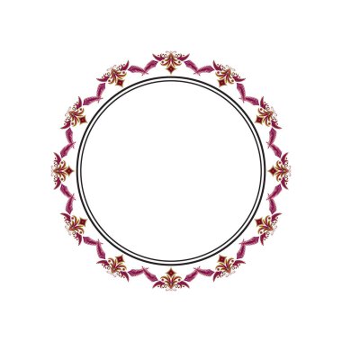 Süslü, soyut bir dijital sanat eseri. Simetrik dairesel çerçeve, biçimlendirilmiş mor ve altın çiçekli aksanlar. Temiz beyaz arka plan, davetiyeler veya dekoratif sınırlar için mükemmel..