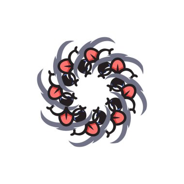 Siyah arka planda dönen kırmızı ve beyaz alev benzeri elementlerin simetrik dairesel desenli, ateşli enerjiyi ve karmaşık hareketi simgeleyen dinamik ve soyut bir dijital sanat eseri..