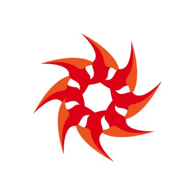 Keskin, kırmızı ve koyu kırmızı bıçaklı simetrik yıldız benzeri bir tasarımın yer aldığı dinamik soyut dijital sanat eseri beyaz arka planda merkezi bir boşlukta dönen ve gücü ve yoğunluğu sembolize eden.