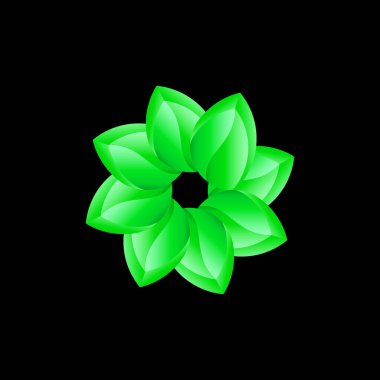 Canlı ve modern bir simetrik tasarım, birbirine kenetlenmiş yeşil yaprakımsı şekiller, eğimli gölgeleme, koyu bir arka planda taze bir çiçek deseni, doğa teması veya dekoratif sanat için ideal..