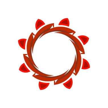 Dış stilize çiçekli kırmızı ve kahverengi dişli elementler içeren karmaşık soyut simetrik bir dairesel tasarım, endüstriyel veya dekoratif sanat için ideal, cesur ve mekanik bir model yaratıyor..