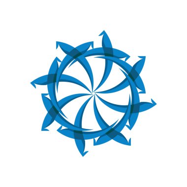 Karışık ve dinamik bir soyut simetrik dairesel tasarım, birbirine kenetlenmiş mavi ok ya da kurdele benzeri şekiller, hareket grafikleri, teknolojisi ya da dekoratif sanat için ideal, dönen tekerlek deseni oluşturur..