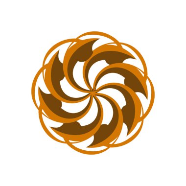 Ilık temalar, dijital sanat veya dekoratif baskılar için ideal kıvrımlı desen yaratan, birbirine kenetlenmiş turuncu ve kahverengi kıvrımlı şekilleri içeren karmaşık ve dinamik bir soyut dairesel tasarım..