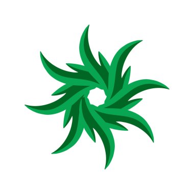 Çapraz ve dinamik soyut simetrik bir dairesel tasarım, birbirine kenetlenmiş yeşil yaprak benzeri şekiller, eğimli gölgeleme, girdap şekli, doğa temaları, dijital sanat veya dekoratif baskılar için idealdir..