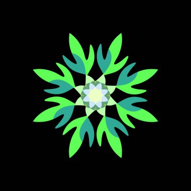 Radyal simetriye sahip canlı yeşil soyut tasarım ve siyah arkaplanda yaprak benzeri elementler