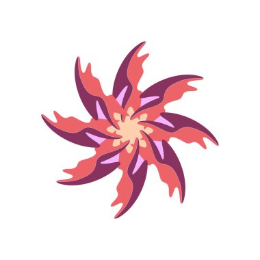 Katmanlı pembe, mor ve kırmızı soyut şekilli canlı dairesel bir tasarım. Beyaz üzerine dinamik ve sanatsal grafik.