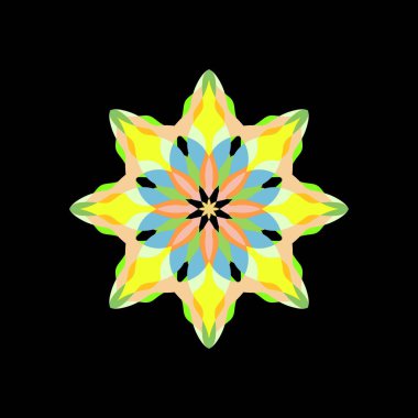 Radyal simetriye sahip renkli soyut tasarım ve siyah arkaplan üzerinde yıldıza benzer elementler