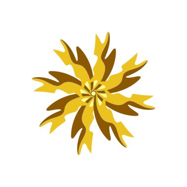 Katmanlı sarı ve kahverengi dikenli şekilli dinamik dairesel bir tasarım. Beyaz üzerine soyut ve canlı grafikler.