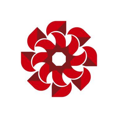 Çarpıcı bir geometrik tasarım. Beyaz arka planda koyu kırmızı yapraklı bir çiçek deseni var..