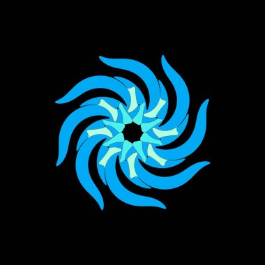 Katmanlı mavi ve su sıvısı şekilli dönen dairesel bir tasarım. Siyah üzerine dinamik, soyut ve enerjik grafikler.