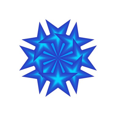 Karmaşık ve canlı bir dairesel tasarım. Çoklu mavi yıldızımsı şekiller içeren, eğimli, dinamik bir dairesel desen oluşturan, bir kar tanesi veya beyaz arka planda karmaşık bir çiçek..