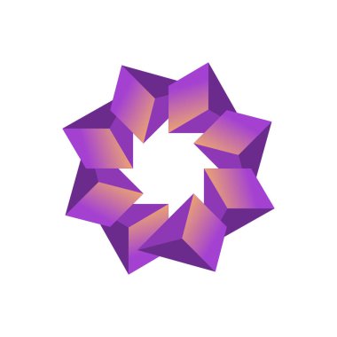 Büyüleyici bir 3 boyutlu geometrik tasarım. Beyaz bir arkaplan üzerinde turuncu aksanlı mor küplerden oluşan karmaşık bir desen..