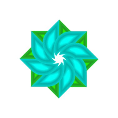 Büyüleyici bir geometrik tasarım, sarmal bir çiçek desenine sahip, beyaz arka planda kalın deniz mavisi yaprakları ve yeşil aksanlar var..