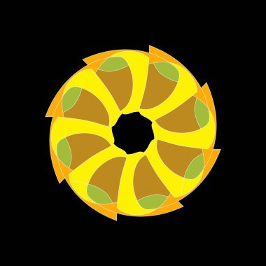 Büyüleyici bir geometrik tasarım. Siyah bir arkaplana karşı koyu sarı ve turuncu şekilli bir yıldız deseni..